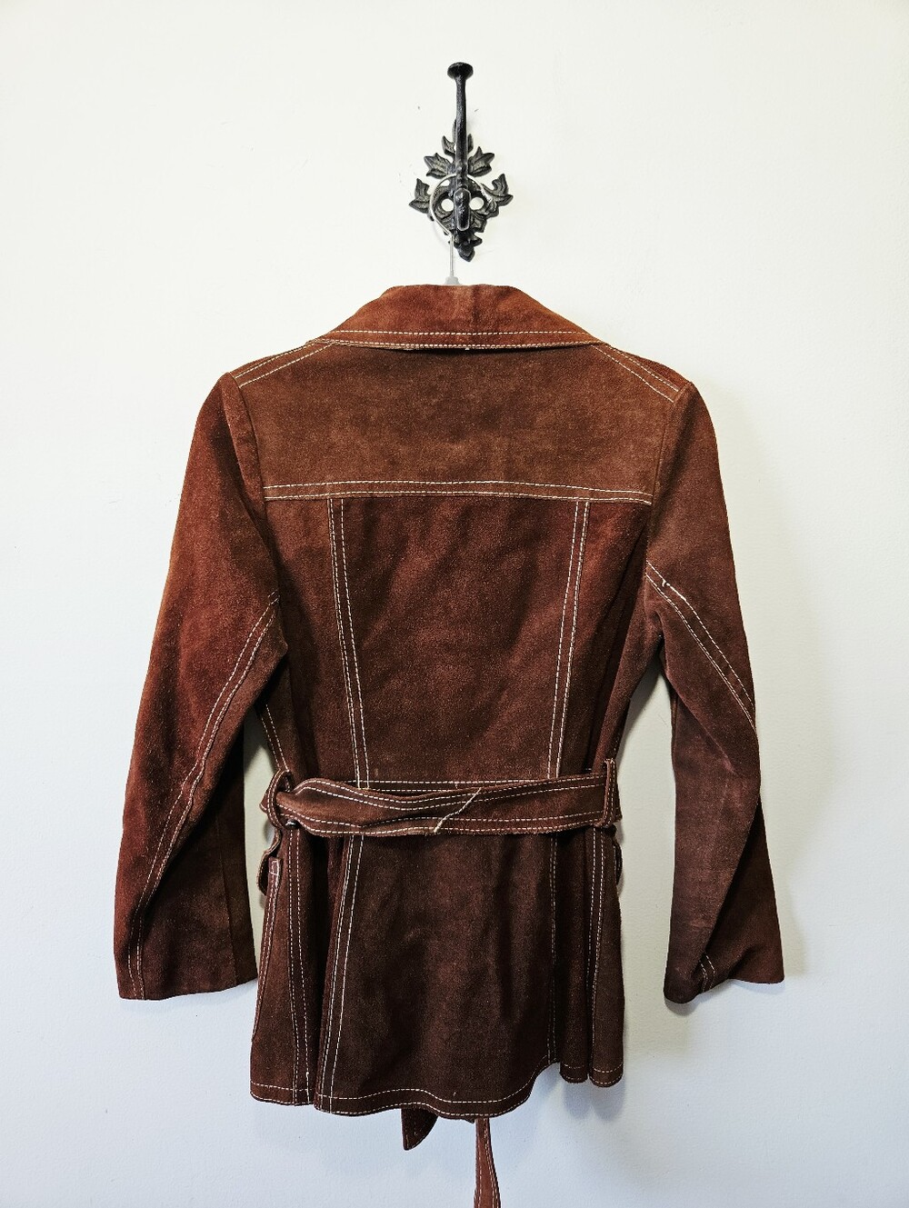 Vintage 70s Karol M Junior Leather Jacket Size S Brown Thick Stitch Boho - Picture 3 of 4